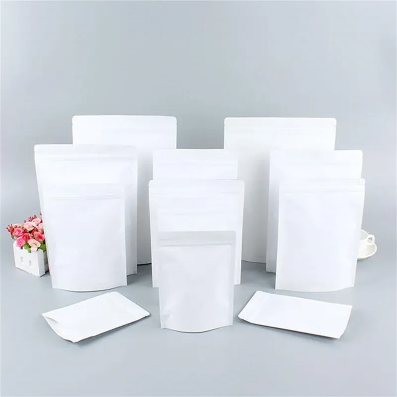 White Kraft Paper Bags Saco de Alimento Resealable Folha de Alumínio Forro de Embalagem De Forro De Alumínio Stand Up Saco De Armazenamento