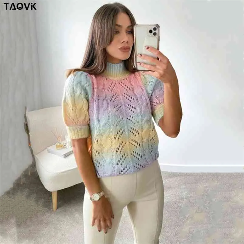 TAOVK Tie Day Knitted Sweater Female Rainbow Kawaii Pullover Women Short Sleeve O-neck Candy Outwear Female Sweet Top Jumpers 210805