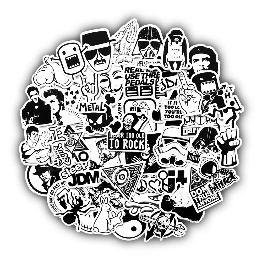 Car sticker 10 50pcs Black and White Stickers for Kids Laptop Skateboard Bicycle Motorcycle Cool JDM Car Styles Sticker Bomb Bumpe251m