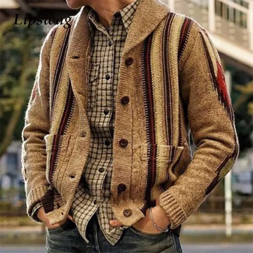 Vintage heren trui herfst winter warme dikke wollen jassen mode turn-down kraag lange mouwen brei cardigan mannen straatkleding 211018