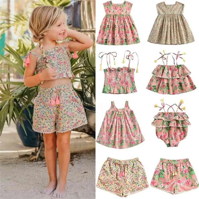 Sommarflickor vintage blommig klänning märke barn vacker tutu barn avslappnad hawaii baby kläder uppsättningar 210619