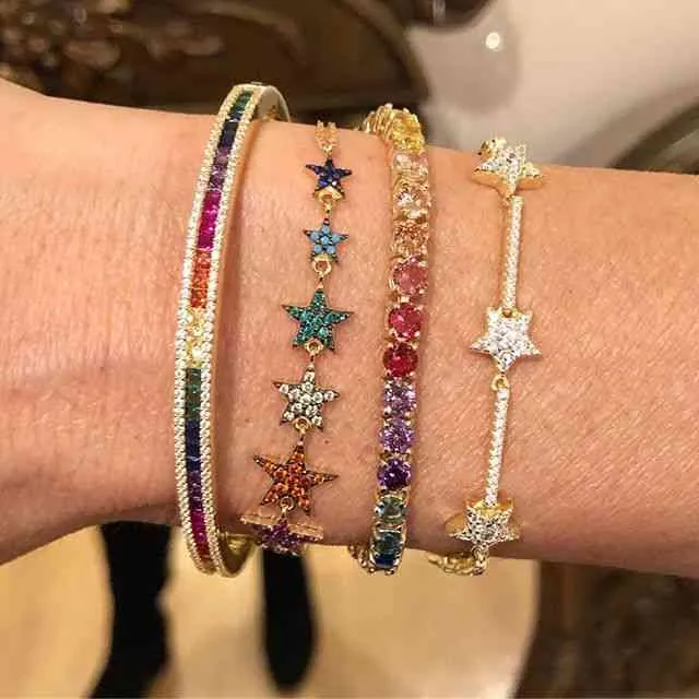 Trendy Zirconia Crystal Cadeia Cadeia Bracelete Para As Mulheres Dedo Mão Prata Cor Estrelas Charme Pulseiras Delicadas CZ Pulseira