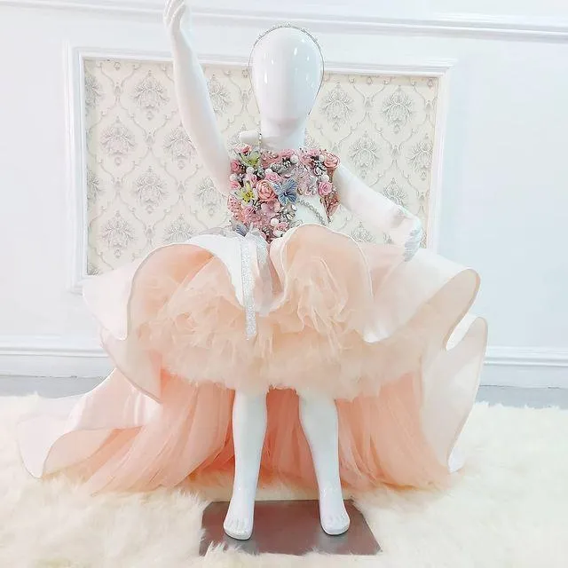 Robes de demoiselle d'honneur roses luxueuses, robe de bal, robes de mariée Hi-Lo pour petites filles, robes de concours de Communion bon marché, 2021