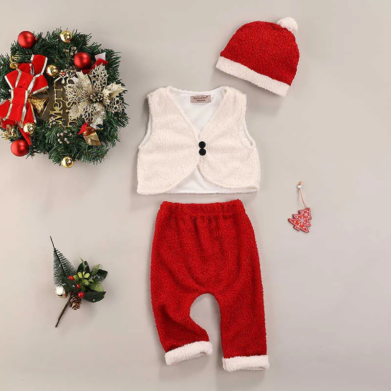 Neugeborenes Baby, Jungen, Mädchen, Baumwolle, lässig, Weihnachtsweste + Hose + Mütze, weiche Flusen, elastische Taille, Balldekoration, festliche Kleidung G1023