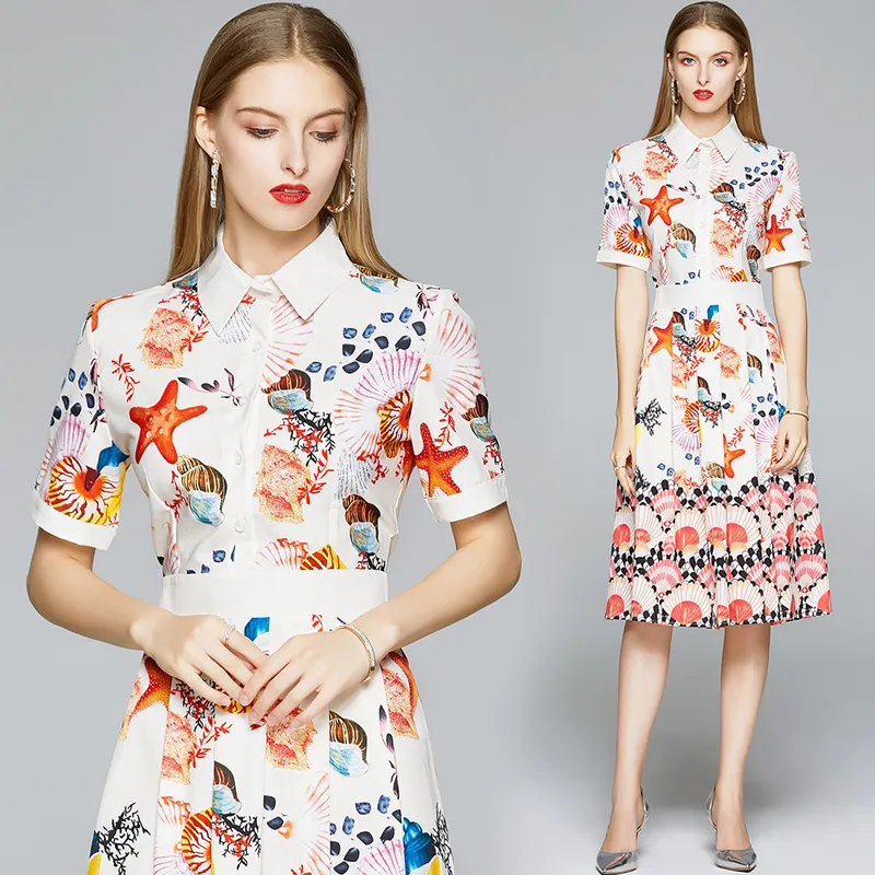 High-end Girl Dress Short Sleeve Lapel Printed OL Dress Temperament Lady Summer Dress