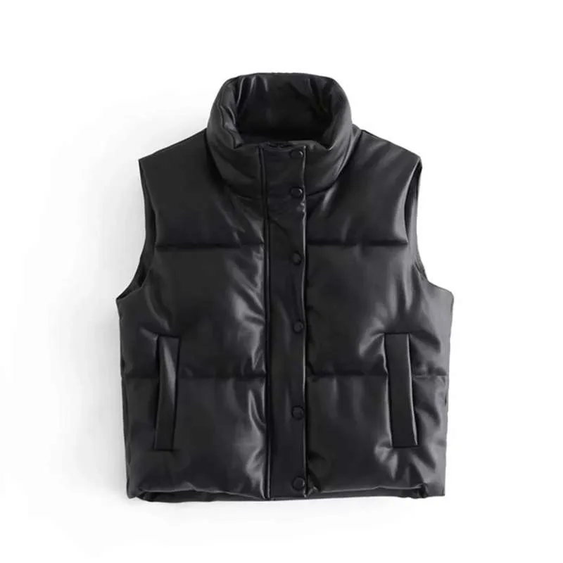 fashion PU Faux leather jacket women sleeveless thick coat streetwear spring winter zipper ZA coat 210928