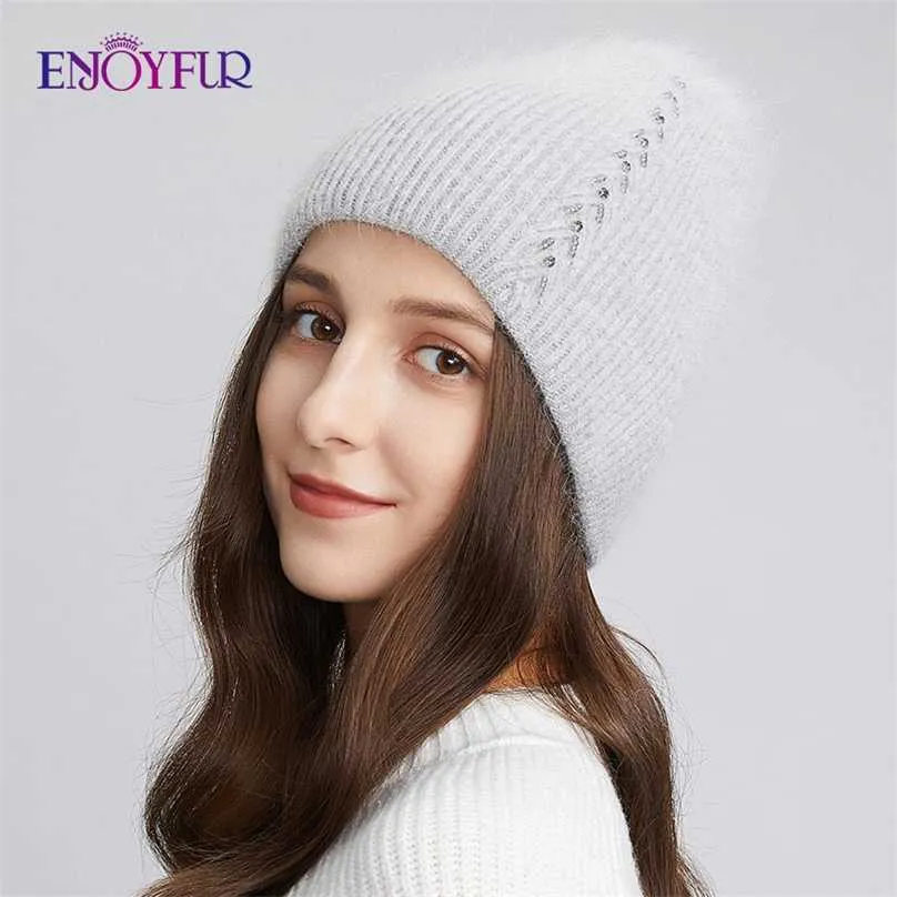 ENJOYFUR Warm Winter Women Hats Soft Angora Wool Knit Caps For Female Thick Double Lined Russia Style Brand Casual Skull Beanies 211119