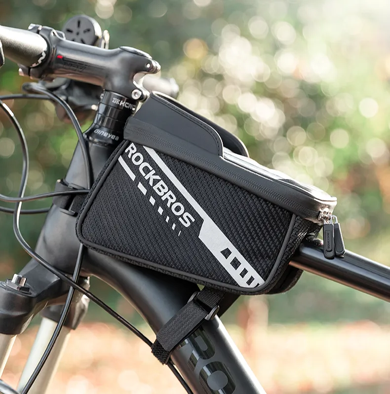 Rockbros 터치 스크린 반사 자전거 전화 가방 더블 지퍼 대용량 별도의 스토리지 MTB 프론트 자전거 가방