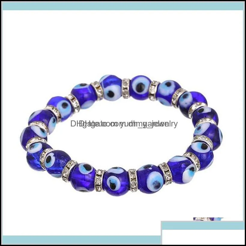 Beaded Strands Bracelets Fashion Men Women Blue Color Round Shape Evil Eye Beads Lampwork Glazed Glass Bead Energy Yoga Crystal Bracel