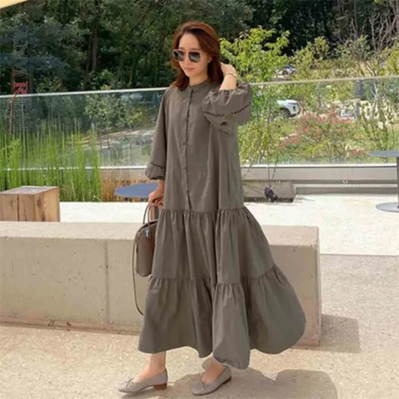 Korean Summer A-line Lantern Sleeve smocked midi dress - Elegant & Loose Fit for Women, Large Size (2H290 210526)
