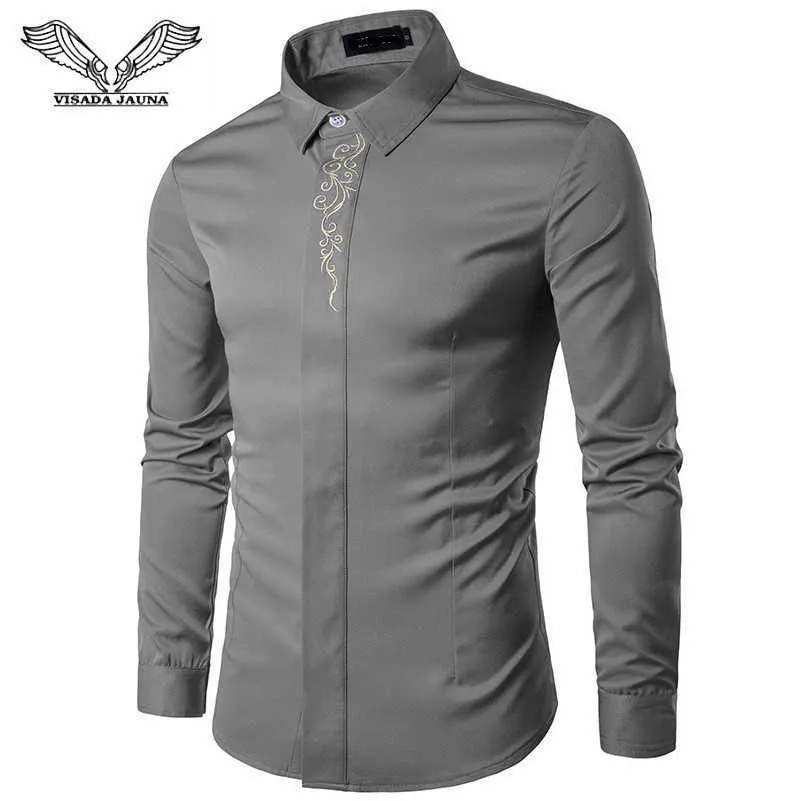 Visada Jauna Frühling und Herbst Stickerei mehrfarbiger Basisdruck Herren Smart Casual Langarmhemden N8853 Q190518