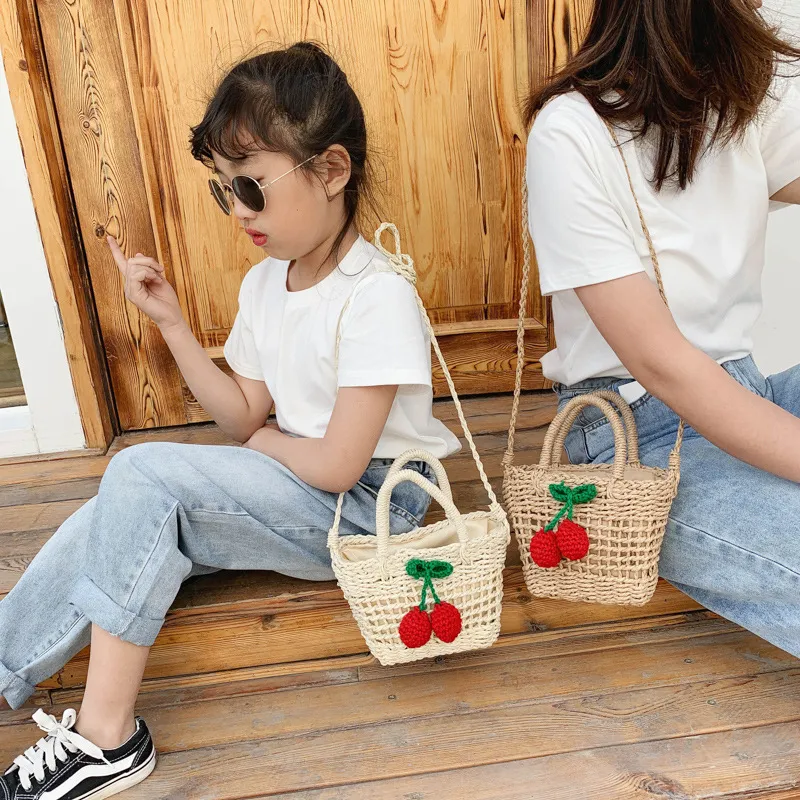 New Children Crochet Handbag Lovely Summer Kids Cherry Handmade Weaving One Shoulder Bags Girls Beach Messenger Bag C6948