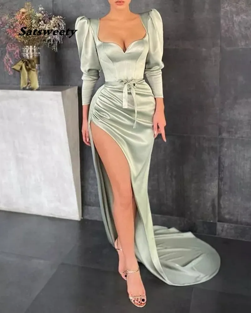 Vestidos Formales Mermaid Evening Dresses Long Sleeves Evening Gown Satin Abiye Vestido De Festa Side Slit Robe De Soiree