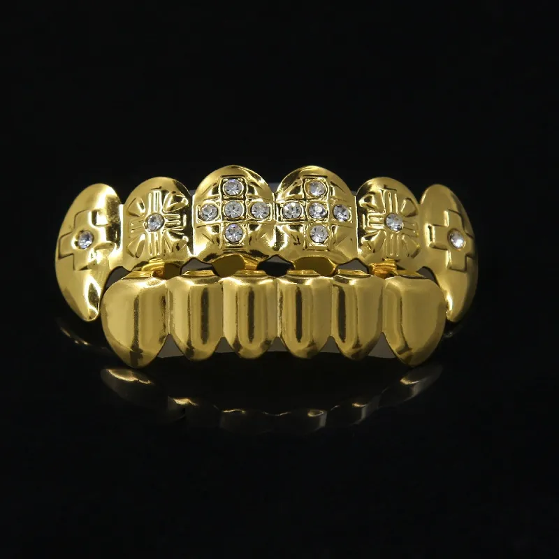 Grelha de dentes de ouro 24K com strass TopBottom Conjunto de grelhas brilhantes para dentes gelados joias de hip hop