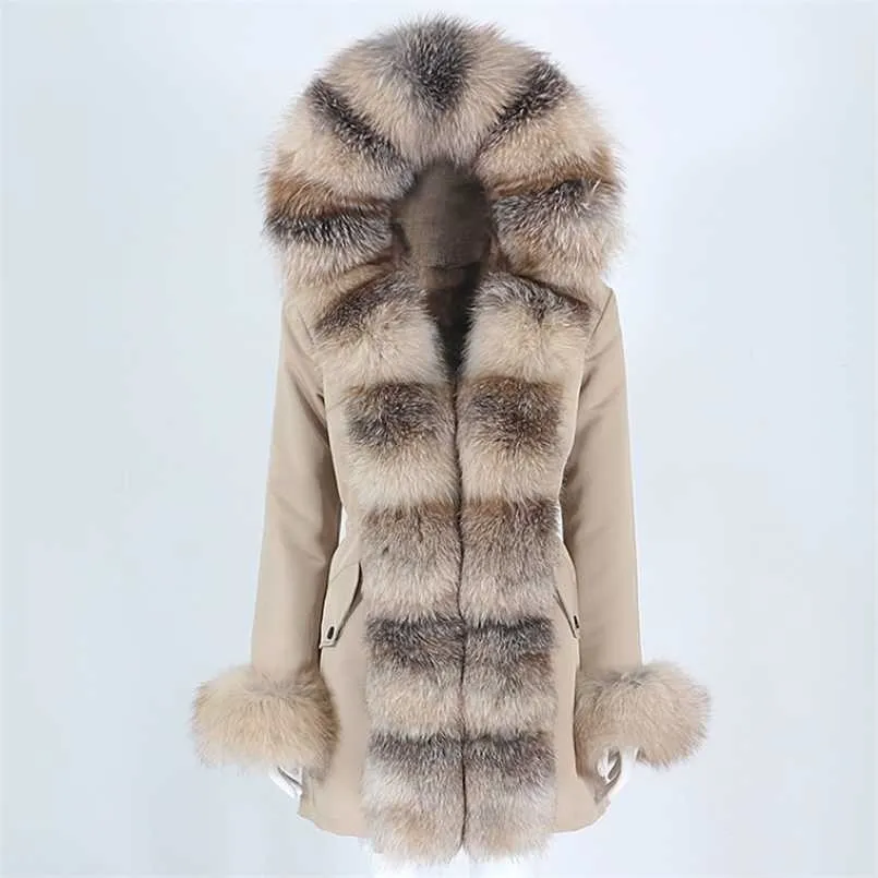 Oftbuy Vattentät Vinterjacka Kvinnor Real Fur Coat Natural Raccoon Hooded Long Parkas Ytterkläder Avtagbar 211110