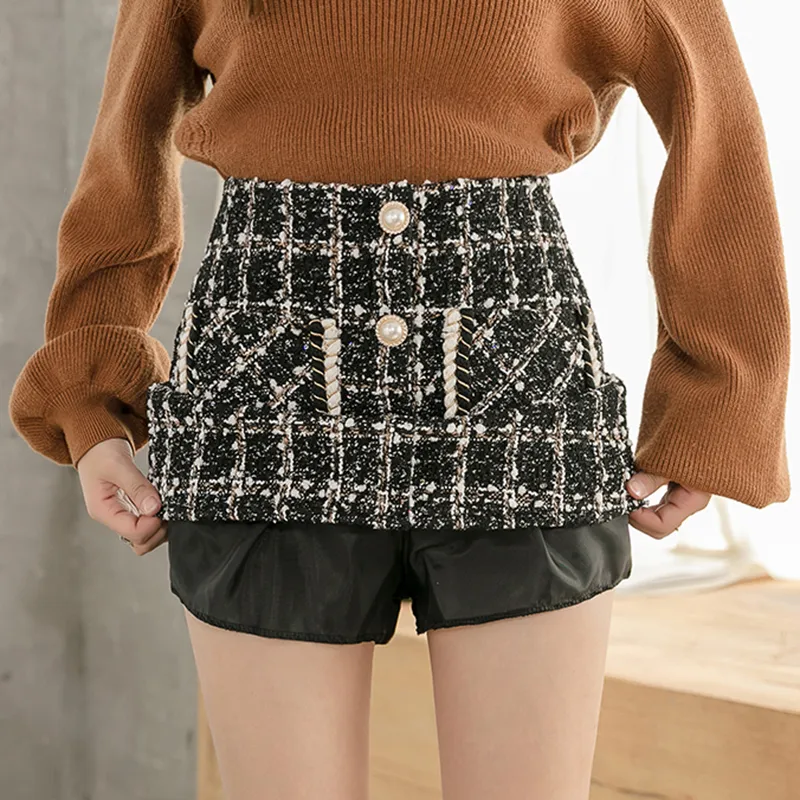 Korean High Waist Plaid Wool Tweed Skirt With Pearl Button And