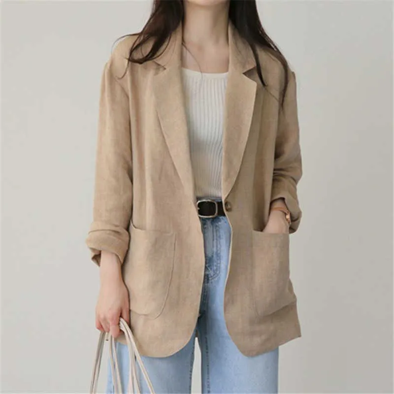 2021 Spring Summer Women s Blazer V Neck Full Sleeve Pockets Khaki Cotton Linen Jacket Female Casual Outer Wear Blazer X0721
