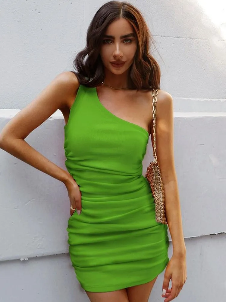 Vestidos casuales WJFZQM 2021 Spring Streetwear Short Bodycon Vestido Verde Elegante One Hombro Algodón Cinta de punto Mini Sundress Mujeres Verano