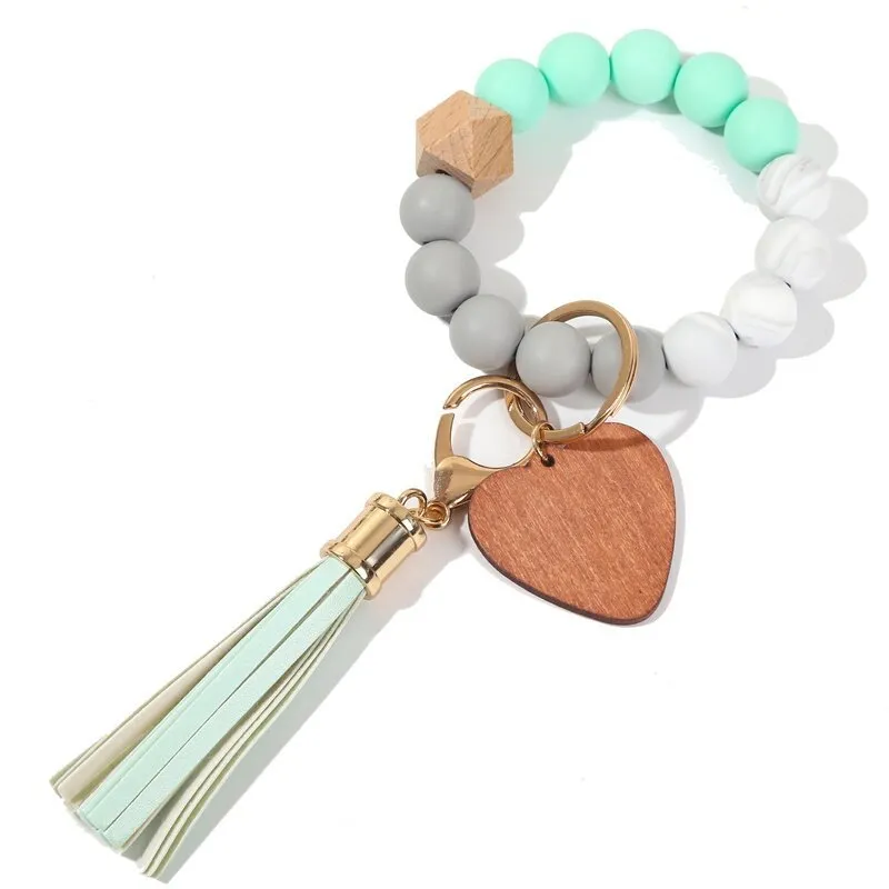 Party Favor Food Wrist key chain Beads Bracelet Event love Wooden Bead Bangle Keychain PU Tassel Anti-lost Keyring dd773