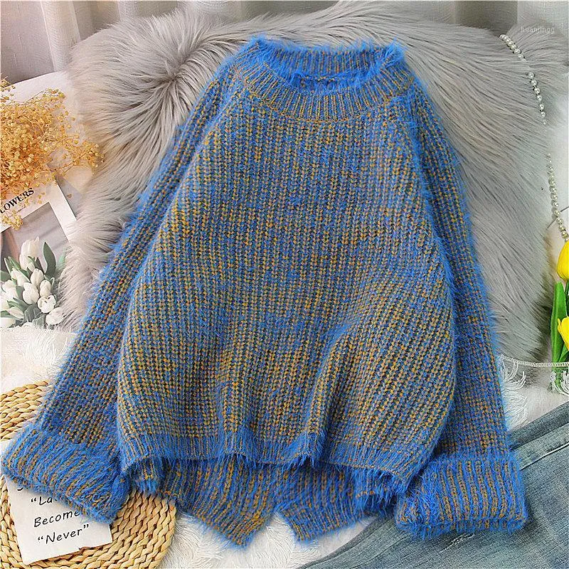 Women's Sweaters EBAIHUI Mohair Sweater Women Solid Blue O-neck Pullover 2021 Kpop Jumper Knitted Top Harajuku Split Loose Chic