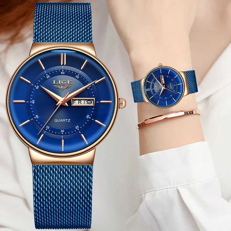 Ligeの女性は高級ブランドの超薄いカレンダーウィークQuartz Watch Ladies Meshステンレス鋼の防水時計ギフト210527