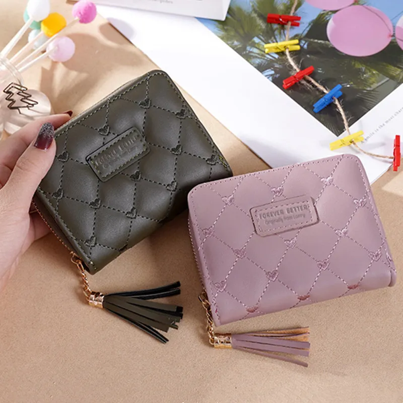 Portafogli piccoli da donna Mini borsa per soldi con nappe Ragazza carina Cerniera corta Portamonete in pelle PU adorabile Borsa per portafoglio a