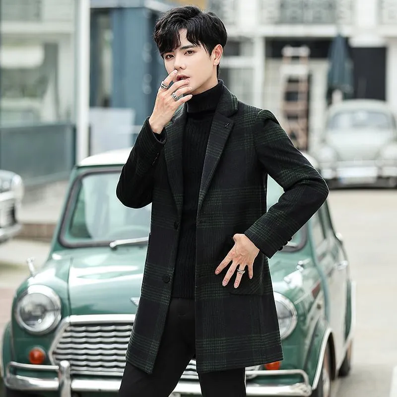 Mens Wool Trench Coat - Vintage Plaid Overcoat, Winter Long