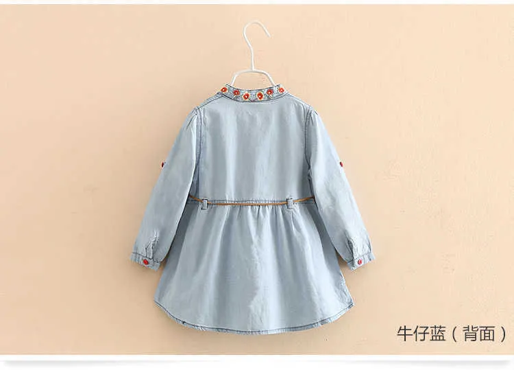  Spring Autumn 3-12 Age Kids Embroidery Flower Long And Short Sleeve Double Use Denim Blue Elegant Dress For Girl With Belt (2)