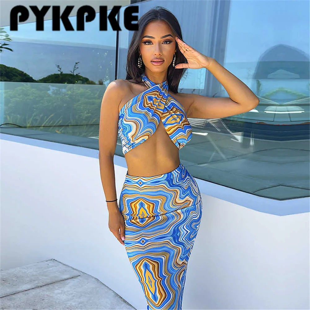 Set da donna Stampa SleevelHalter Crop Top Gonne lunghe Due set da 2 pezzi Sexy Fashion Clubwear Summer Outfit X0709