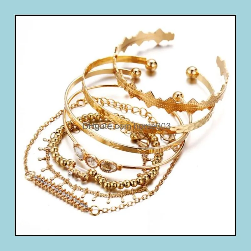 7Pcs/Set Ethnic Gold Color Cuff Bangle Set Arrow Rhinestone Triangle Charm Bracelet Bangle Women Bohemian Vintage Jewelry