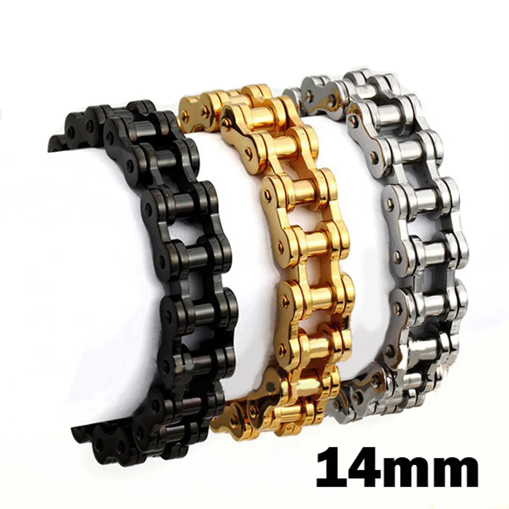 14mm Mäns Rostfritt Stål Bike Chain Armband Punk Rock Motor Biker Cykel Länk Armband 8,5 tum Längd med Velvet Bag