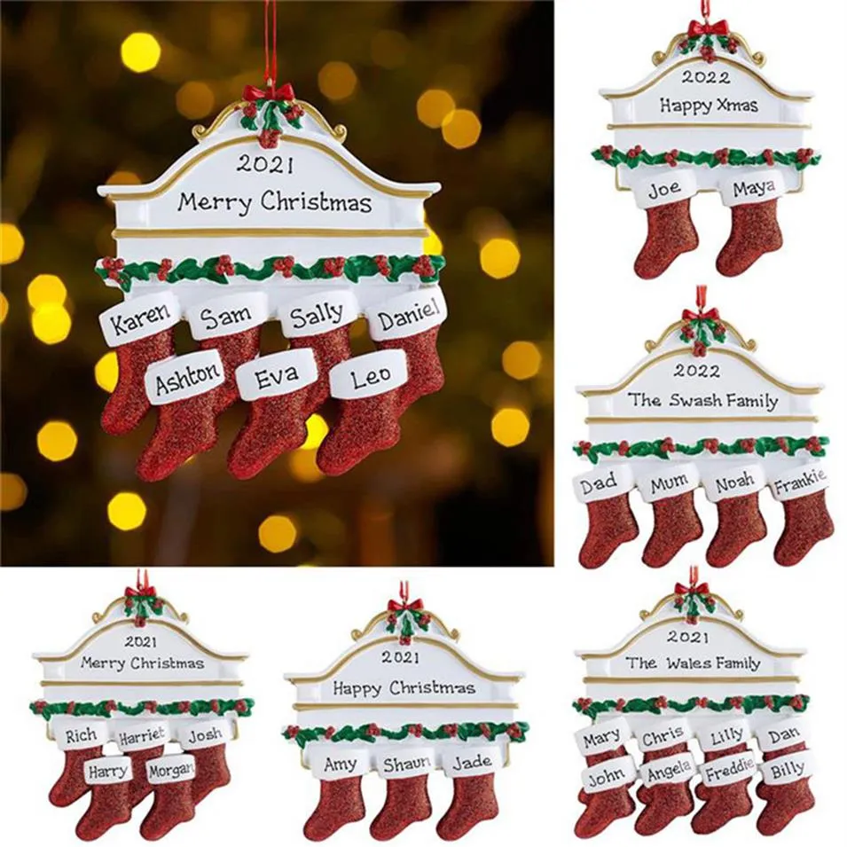 2022 Resina Medias personalizadas Calcetines Familia de 2 3 4 5 6 7 8 Adorno de árbol de Navidad Decoraciones creativas Colgantes para regalos de Navidad DHLA45