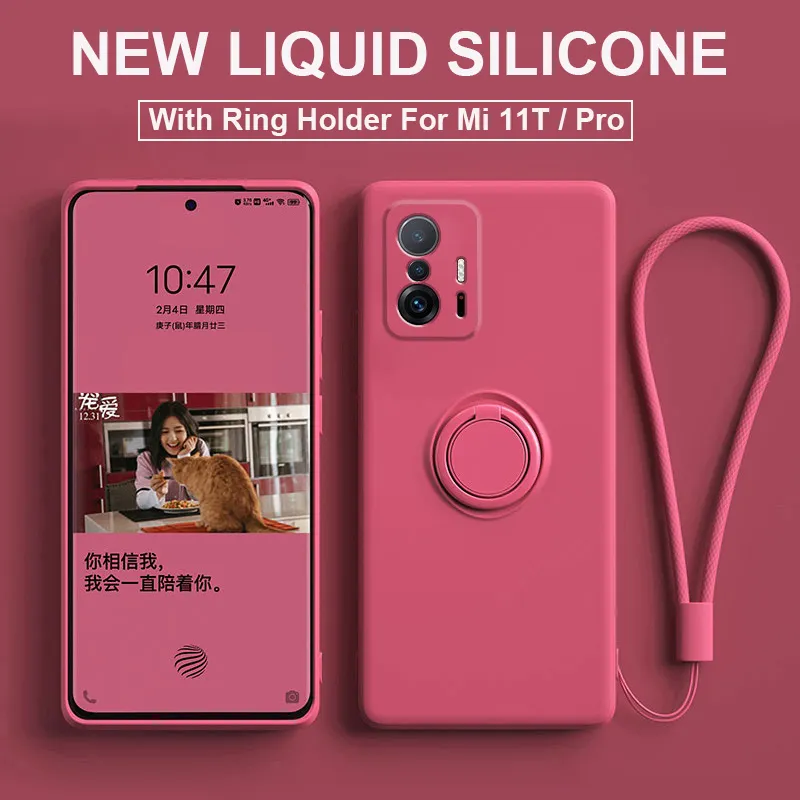 Casos de silicone líquidos originais para Xiaomi Mi Nota 11PRO 10PRO 10S Funda 11t Pro Anel Holder Strap