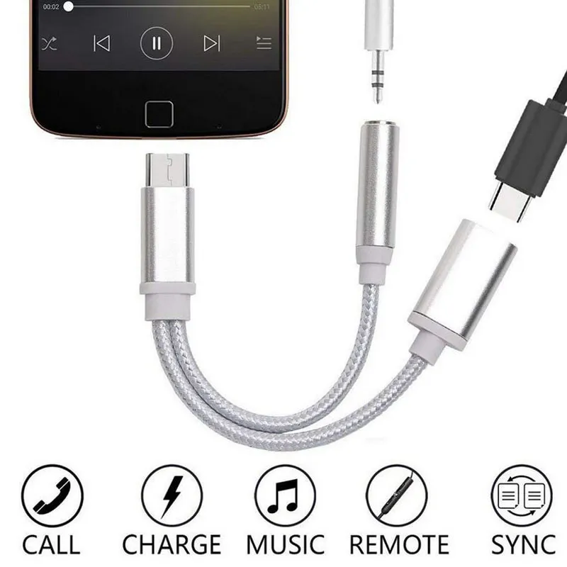 2 sur 1 Type C à 3,5 mm Jack AUDIO AUX Câble USB C à Type-C Câbles de charge femelles Fil pour Samsung Huawei