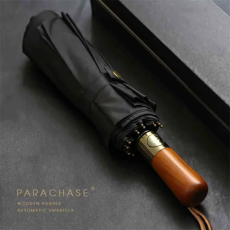 PARACHASE Big Umbrella Men Business Style 115cm Automatic Rain Double Layer 10K Antivento Large Golf s Wooden 210721
