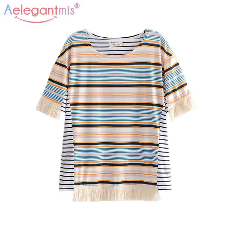 AELEGANTMIS夏の女性の緩い半袖TシャツOネックストライプタッセルカジュアルTシャツエレガントなハイストリートレディーストップ210607