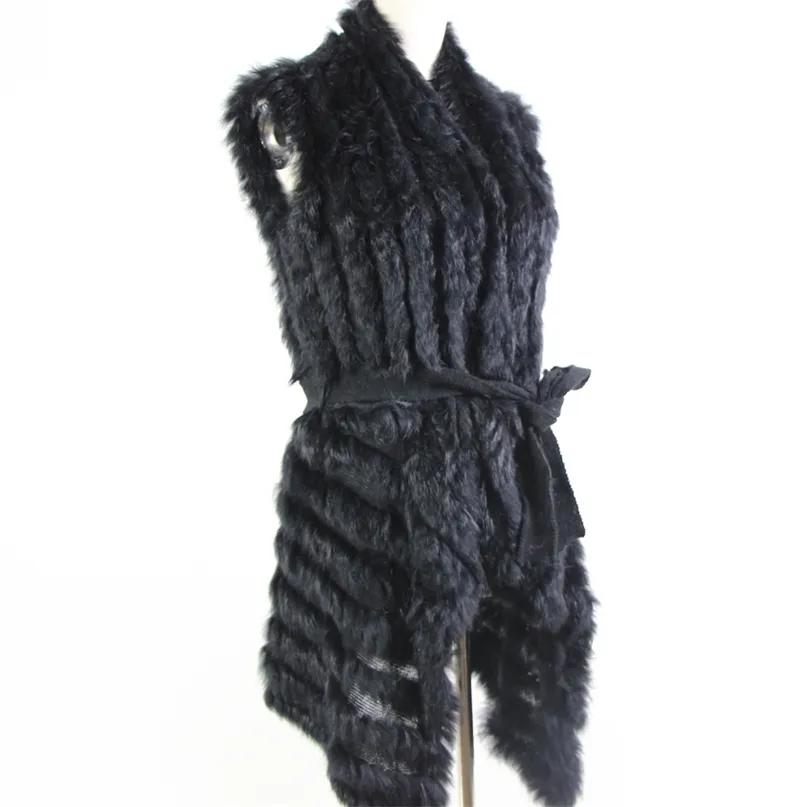 Automne tricoté fourrure naturelle châle lapin gilet mode cape poncho avec ceinture sweat femme 211018