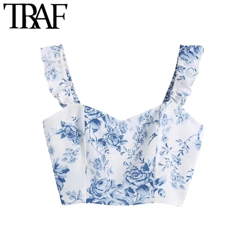 TRAF Women Fashion Floral Print Beskuren Tank Toppar Vintage Backless Elastic Wide Straps Kvinna Camis Mujer 210625