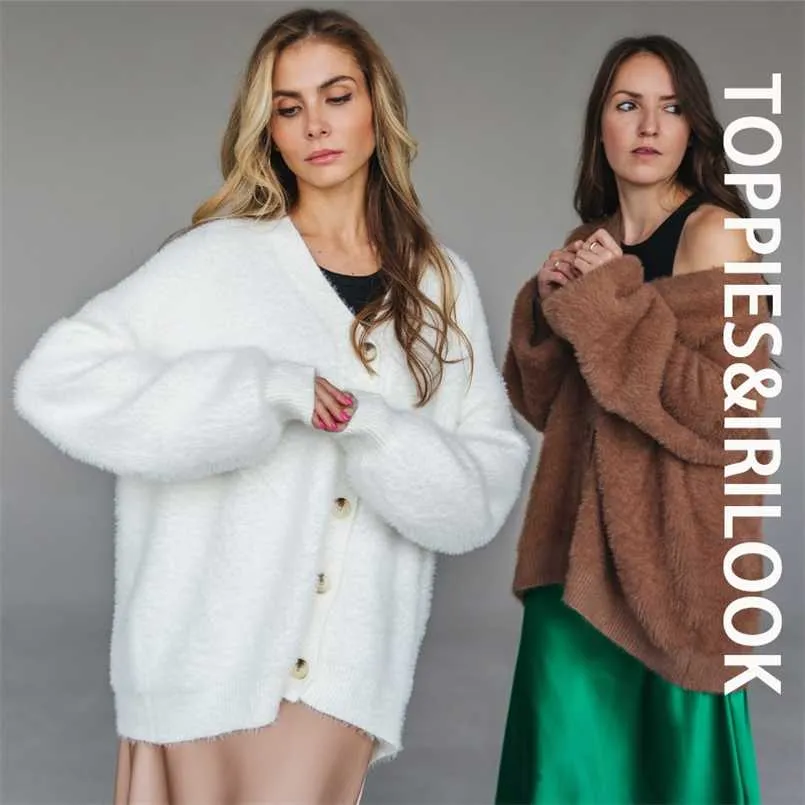 Toppies Winter Sweater Cardigan Women Faux Fur Knitted Sweater Button Green Cardigan Warm Tops 211215