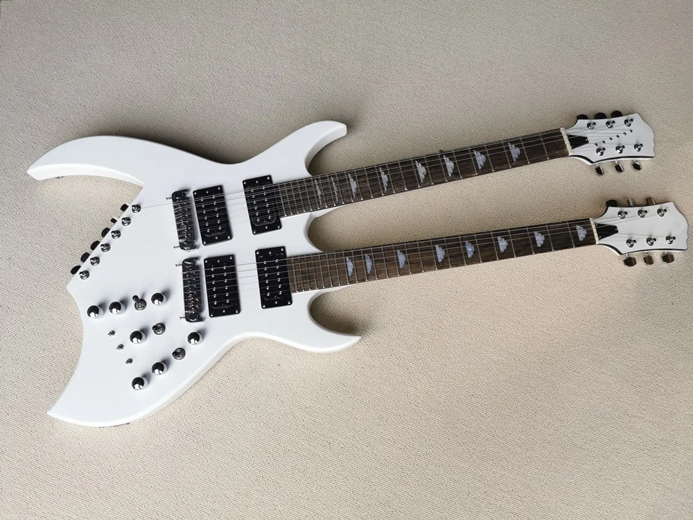 Sıradışı Şekil Beyaz 12 + 6 Dizeleri Çift Boyun Elektro Gitar Gülağacı Klavye Ile Krom Donanım