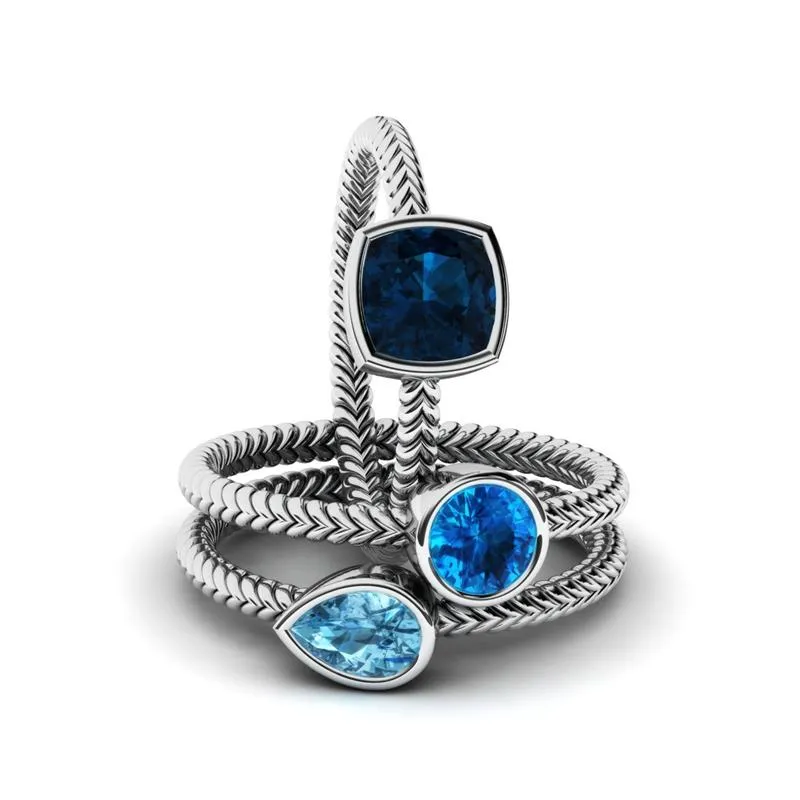 Vigselringar 3st / set Luxury Big Blue Gem Zircon för kvinnor Vintage Silver Ring Moonstone Promise Band Engagement Bague