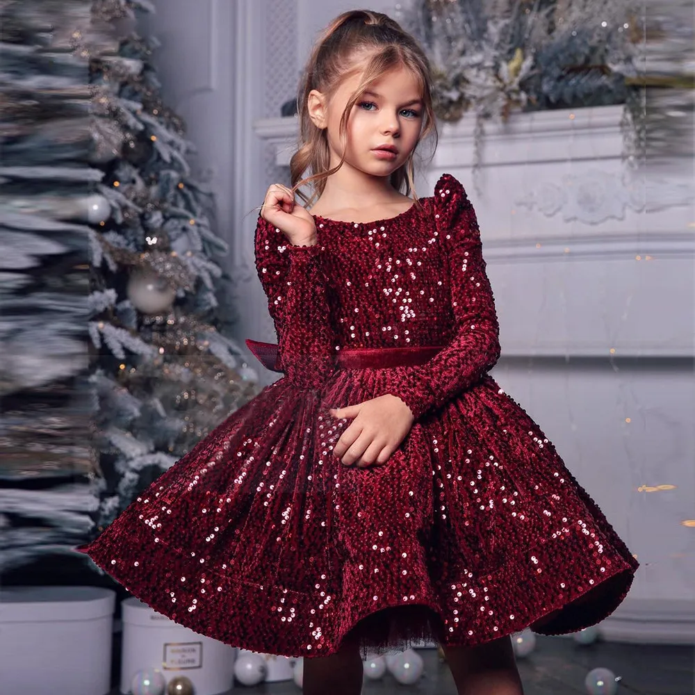 Flower Girls 'Dresses Sequin Burgundy Baby Velvet Full Sleeves Blommor Klänning Knee Längd Klänningar Bow Puffy First Communion