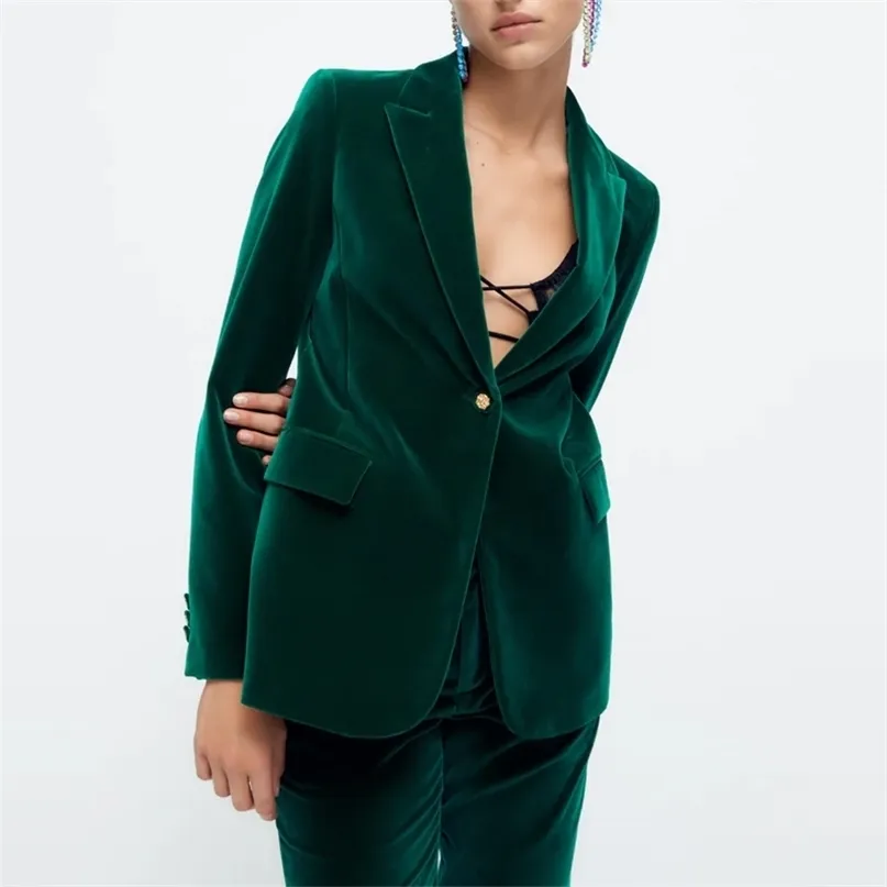 TRAF Za vert Blazer femmes à manches longues velours femme bureau décontracté bouton veste mode ample automne femme costume 211122