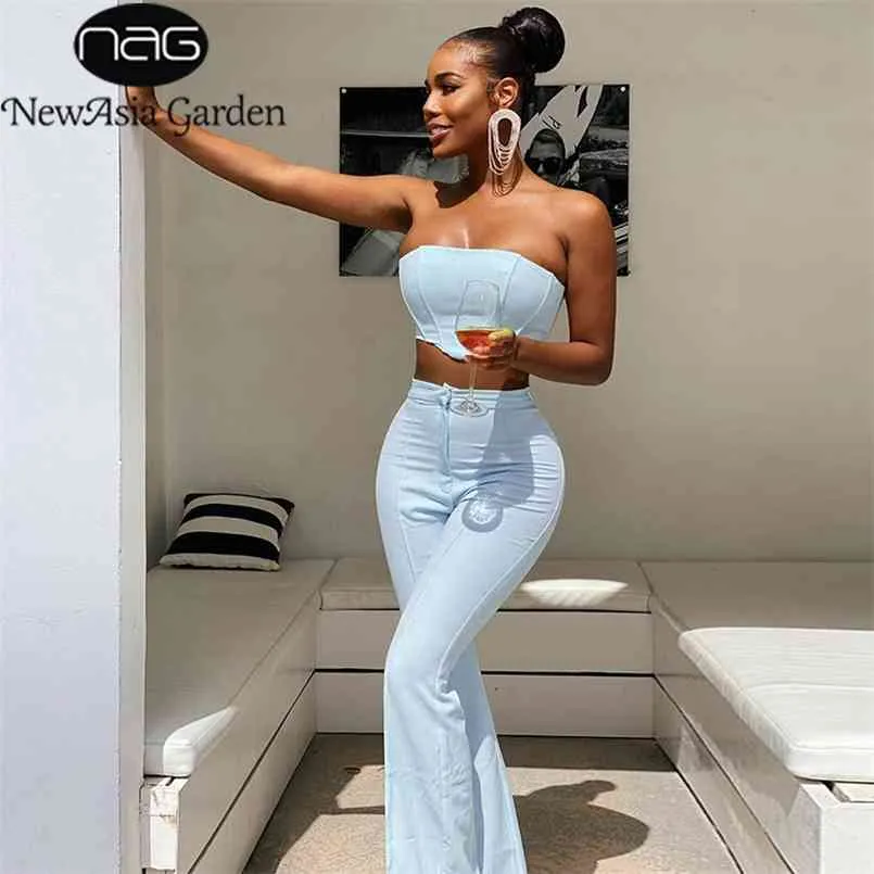 Asia Elegant Flars Pants Set Women Boning Bustier High Waist Long Pants Two Piece Set Summer Sexy Party Wear Crop Top Suits 210819