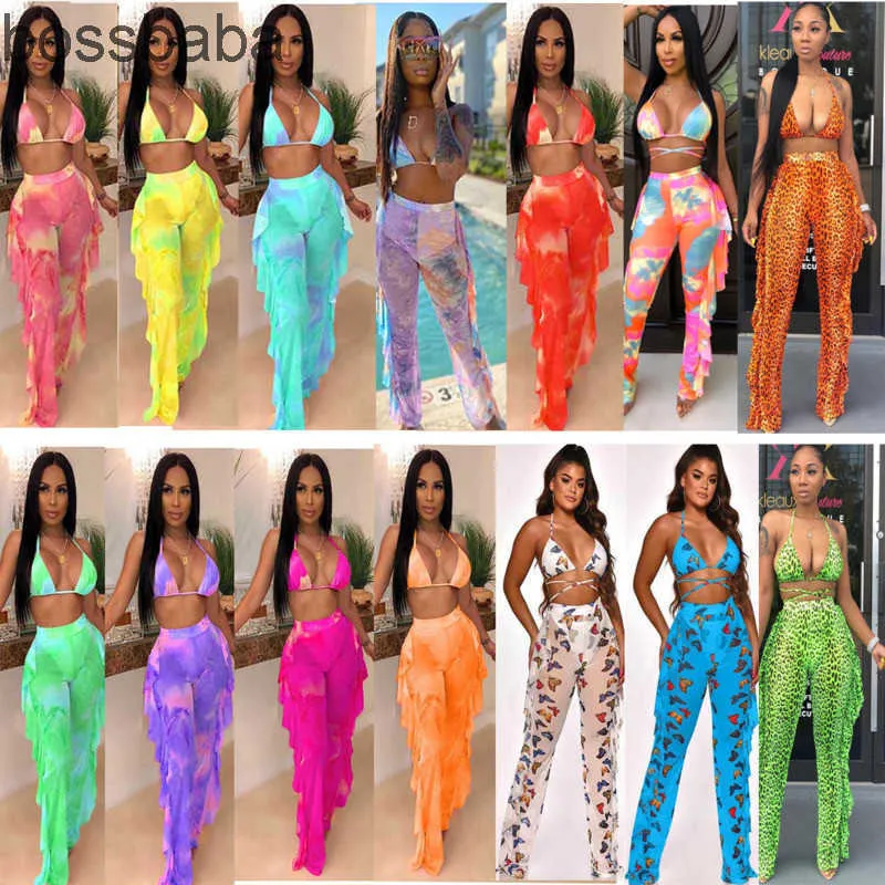 Damskie dresy z nadrukiem Tie Dye 2 dwuczęściowe siatkowe bikini zestaw plażowy seksowne stroje kąpielowe V Neck odzież z odkrytymi plecami bandaż hurtownia plisowanych spodni