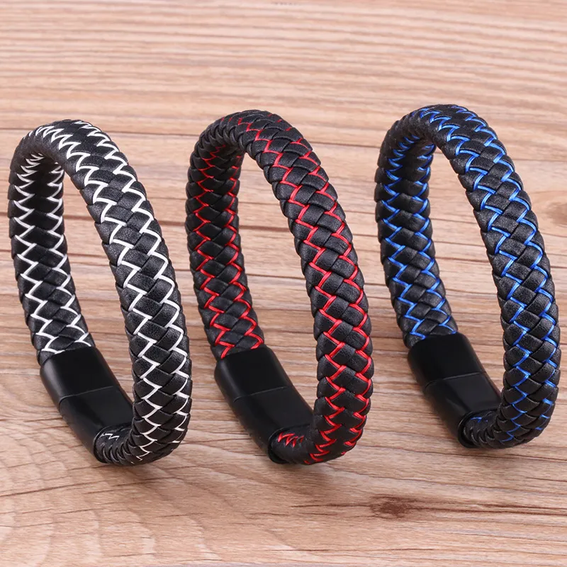 Men's Leather Charm Bracelet Classic Braided Cuff Wristbands with Magnetic Stainless Steel Closure 19cm/20.5cm/22cm