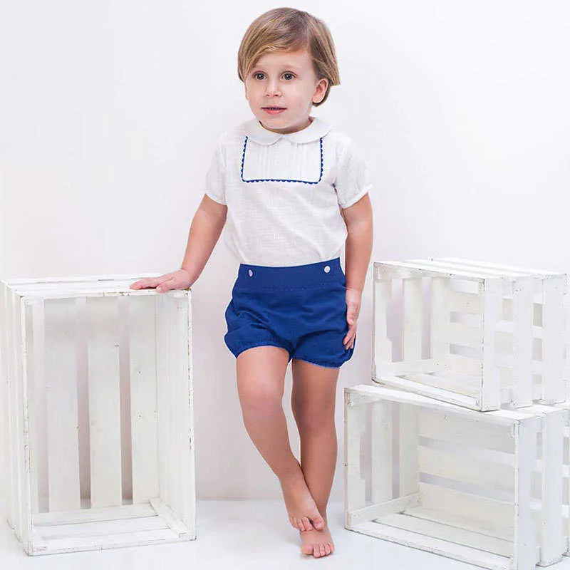 Set di vestiti per boutique spagnoli per neonati, vestiti estivi per bambini, camicia bianca + pantaloni corti, abiti formali per bambini 210615