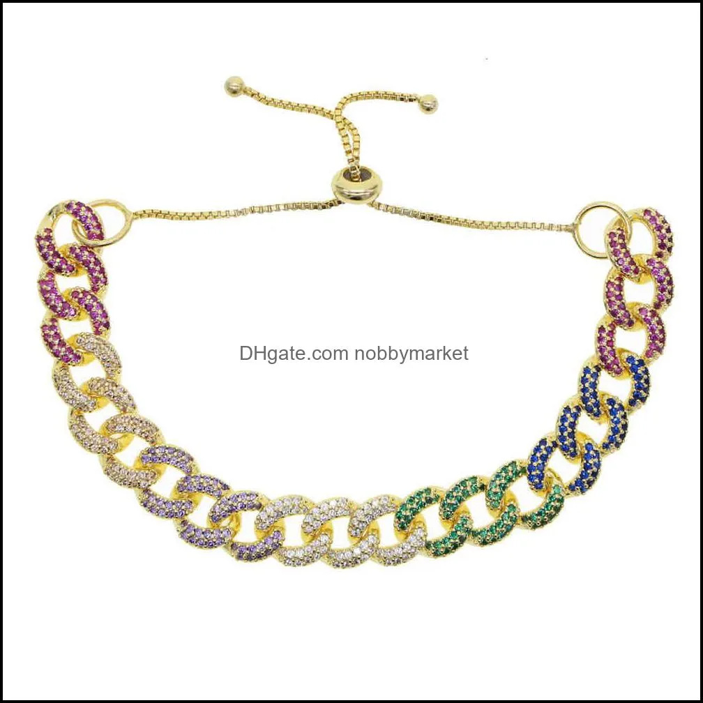 Adjust slider box chain gold rose gold 2 color micro pave rainbow cz  cuban link chain women bracelet fashion 210408