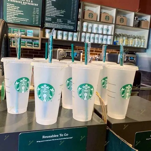 Mermaid Goddess 240/710ml Starbucks Mokken Herbruikbare Starbucks Cold Cups Plastic Zwart Transparant Tumbler met Deksel Stro Zwarte Cup