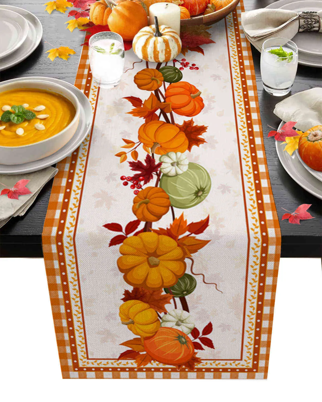 Thanksgiving Autumn Pumpkin Maple Leaf Table Runner Dining Table Wedding Party Christmas Cake Floral Tablecloth Decoration 211117